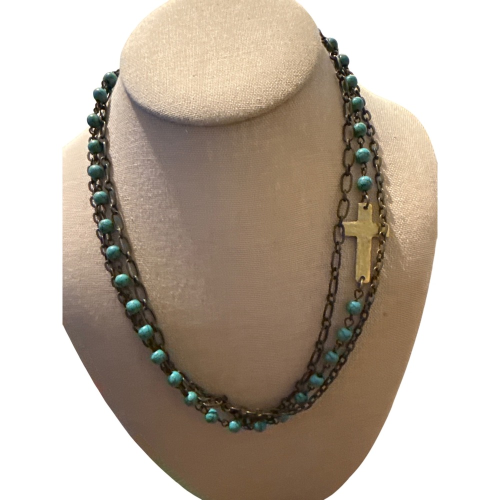 Lula 'n' Lee Turquoise Bead Multi Strand Necklace Antique Brass Hammered Cross